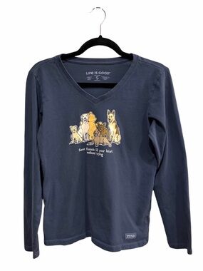 Life Is Good Navy Long Sleeve V-Neck Crusher Tee Winnie and Dog Pack Graphic